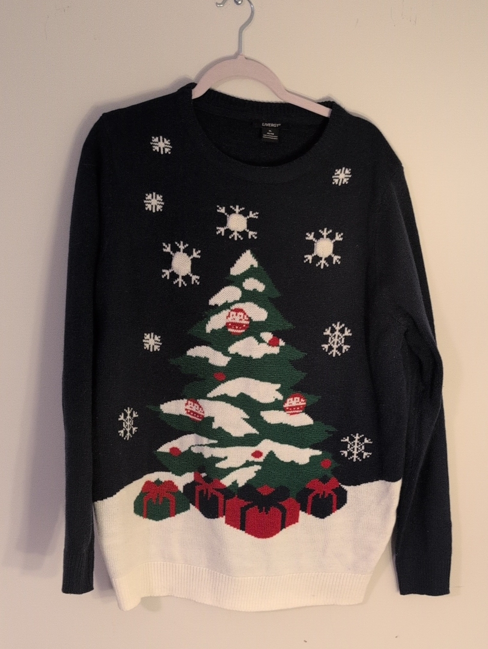 Navy Holiday Christmas Tree Sweater with Red Accents